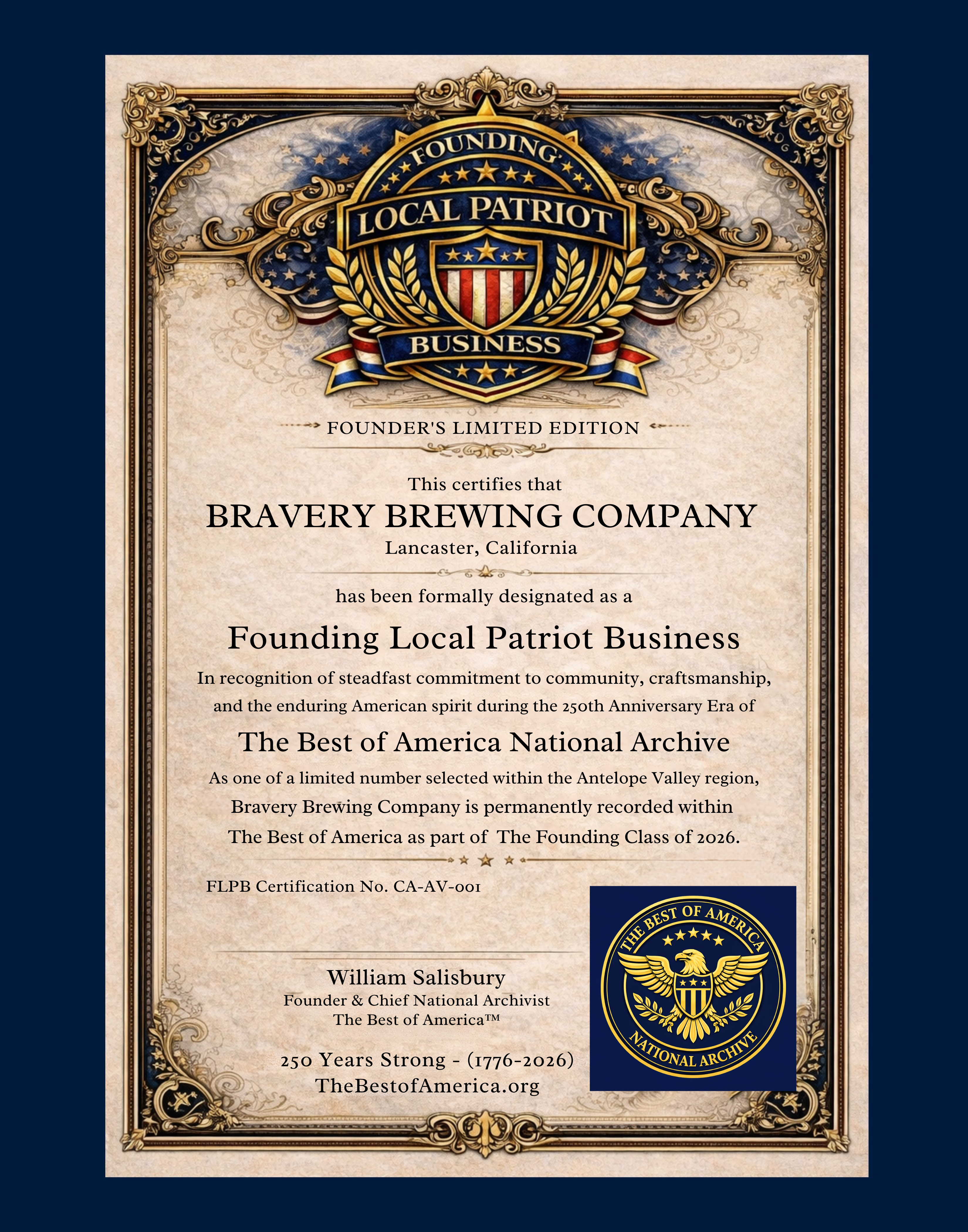 Founding Local Patriot Business Certificate