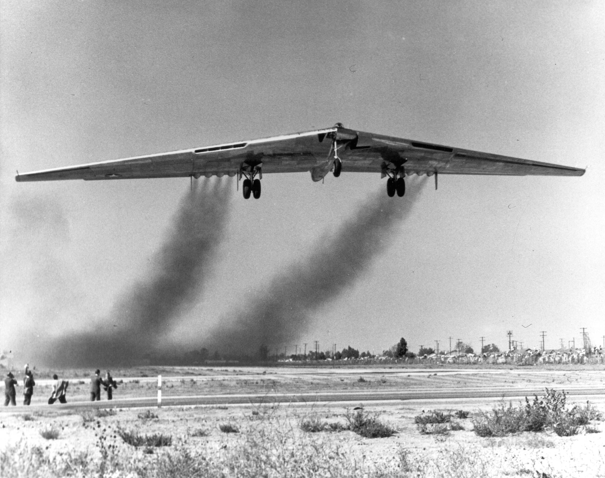Northrop YB-49 Flying Wing on the ramp at Muroc, aerial view showing the pure wing shape with no tail or fuselage